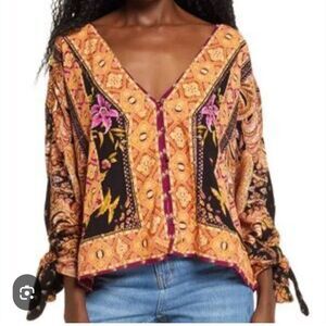 Free People Catch Me If You Can Top Boho SZ XS Floral Gypsy Festival Blouse